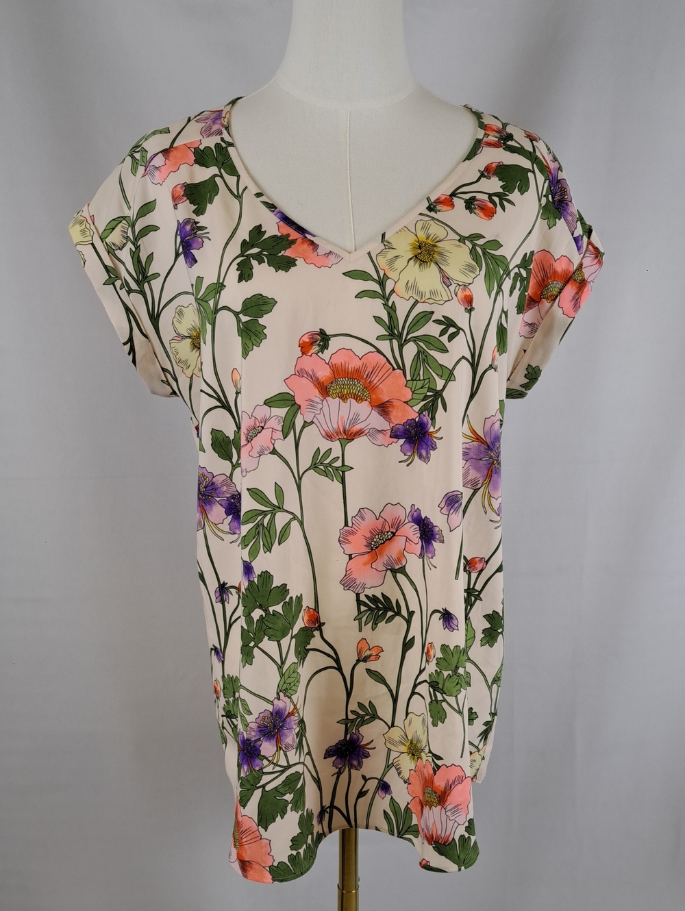 Express Cream Botanical Floral Print V-Neck Dolman Short Sleeve Tunic Blouse L